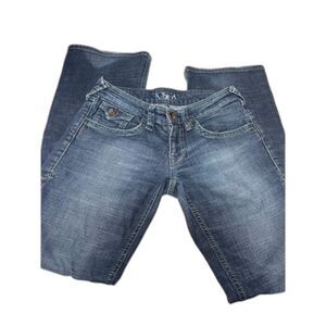 Mavi Jen Jeans Bootcut y2k Low Rise 27 Green contrast Stitch Button Flap pockets